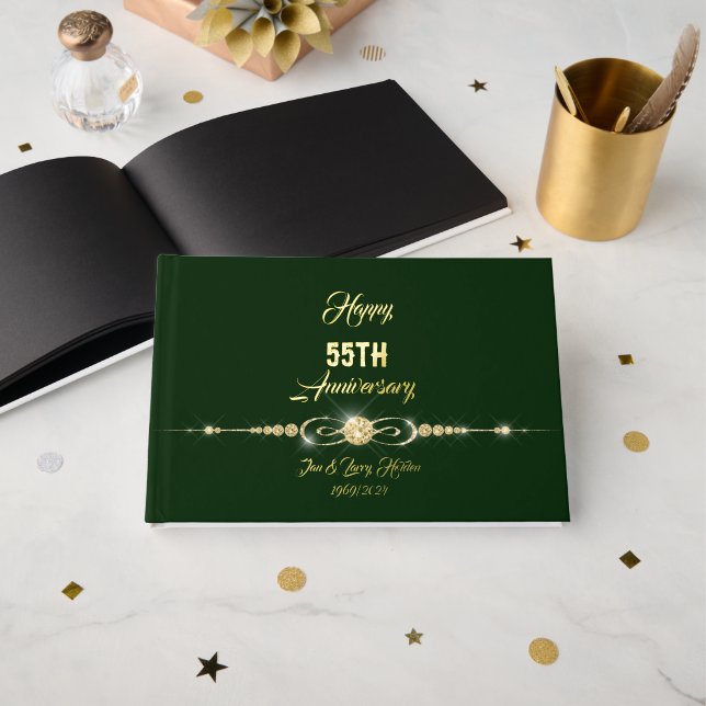 Forest Green Gold Foil Anniversary  Foil Guest Book (Front Open)