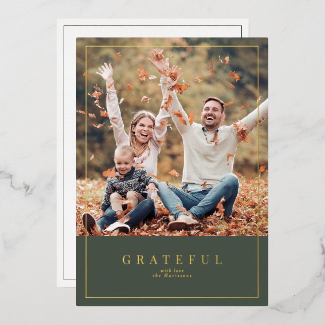 Forest green gold foil Thanksgiving family photo c Foil Holiday Card (Front/Back)