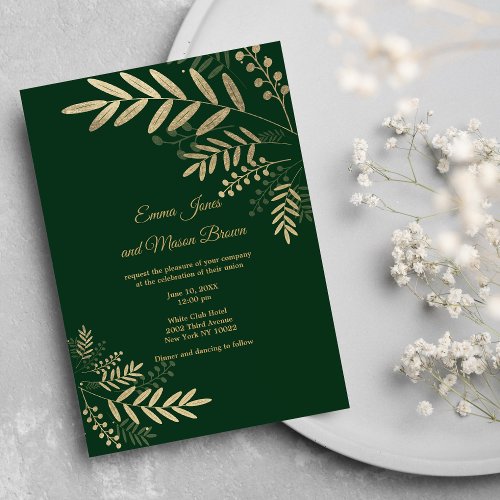 Forest green gold foliage floral Wedding Invitation