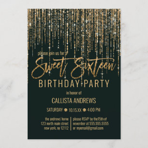 Forest Green Gold Glitter Fringe Curtain Sweet 16 Invitation