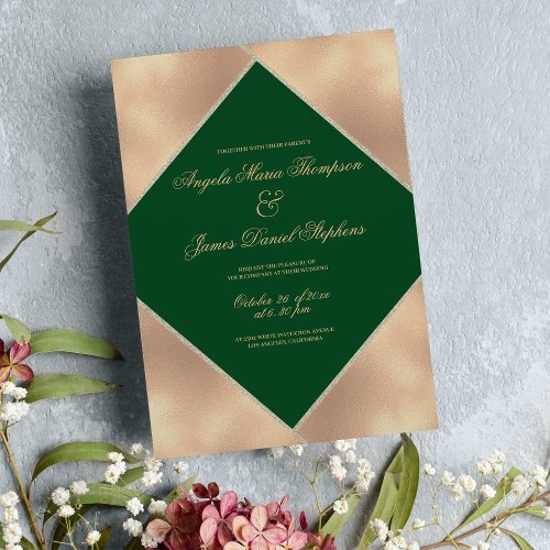 Forest green gold glitter gradient script wedding  invitation