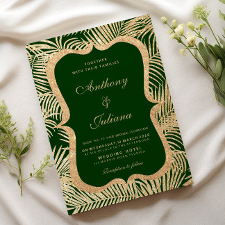 Forest green gold glitter palm tree leaf Wedding Invitation