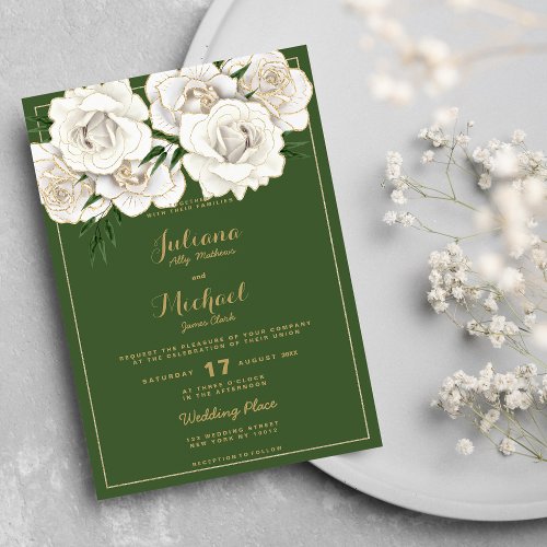 Forest green gold glitter roses floral Wedding  Invitation