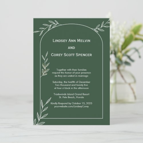 Forest Green Gold Leaf Wedding Invitation