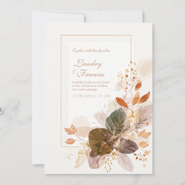 Forest Green Gold Line Autumnal Leaf Wedding Invitation (Front)