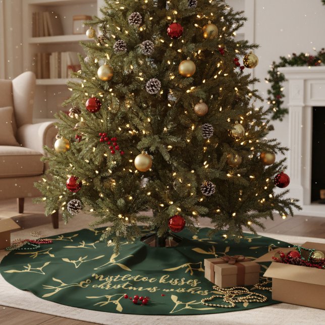 Forest Green Gold Mistletoe Kisses Custom Brushed Polyester Tree Skirt (Deck the Halls Early with this Green and Gold Mistletoe Tree Skirt)