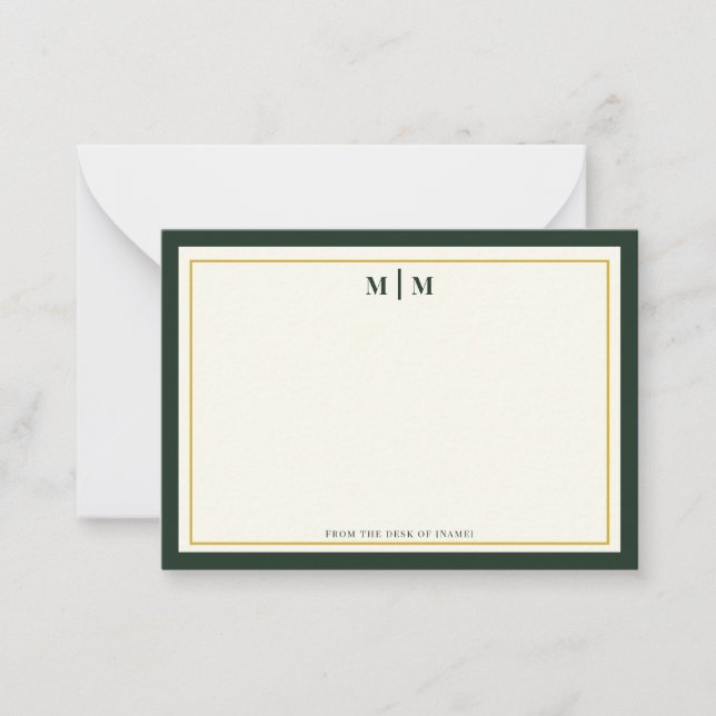 Forest Green Gold Monogram Professional Personal Note Card (Front)