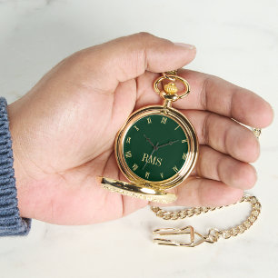 Forest Green Gold Monogrammed Classic Retro Pocket Watch