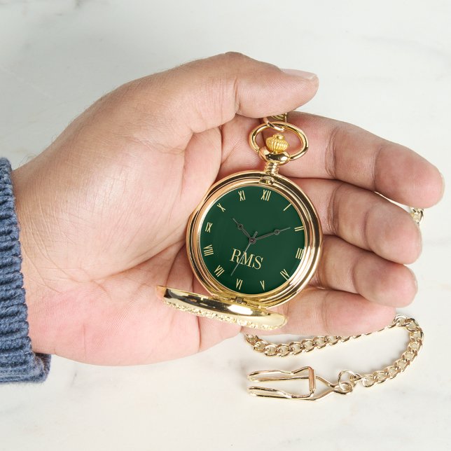 Forest Green Gold Monogrammed Classic Retro Pocket Watch (Forest Green Gold Monogrammed Classic Retro Pocket Watch)