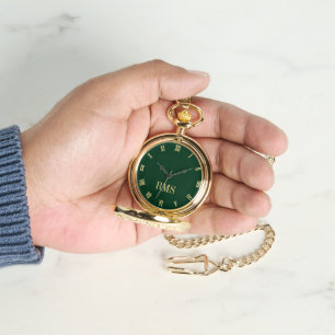 Forest Green Gold Monogrammed Classic Retro Pocket Watch