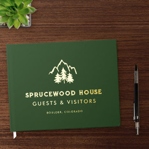 Forest Green Gold Mountains Pines BnB Rental Cabin Foil Guest Book