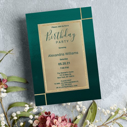 Forest green gold ombre watercolor Birthday Party Invitation