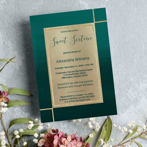 Forest green gold ombre watercolor Sweet 16 Invitation