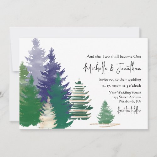 Forest Green Gold Pine Trees Christian Wedding Invitation