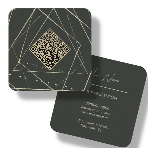 Forest Green  Gold  QR Code Square Business Card