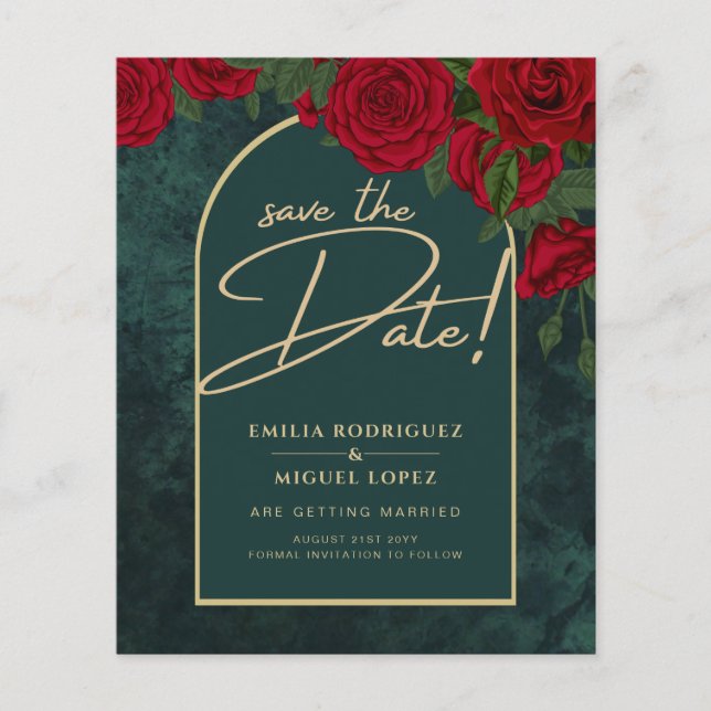 Forest Green Gold RED Roses Winter SAVE THE DATE Flyer (Front)