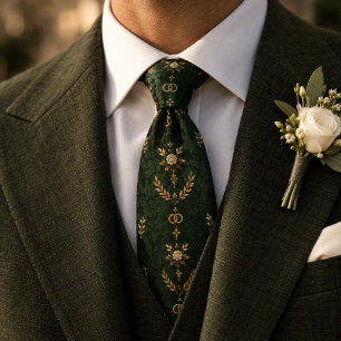 Forest Green Gold Rose Wedding Ring Motif Neck Tie