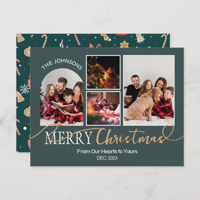 Forest Green Gold Script Christmas Modern Collage Holiday Card (Front/Back)