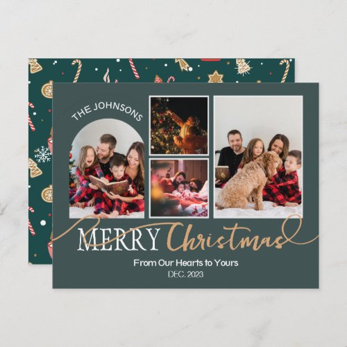 Forest Green Gold Script Christmas Modern Collage Holiday Card