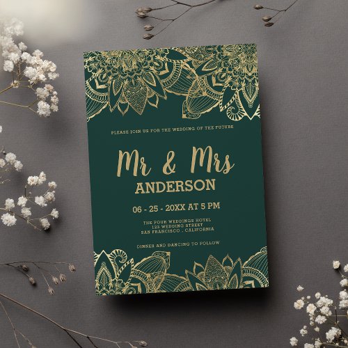 Forest green gold script MR MRS mandala wedding Invitation