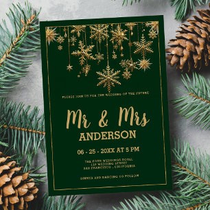 Forest green gold script MR MRS snowflake Wedding  Invitation