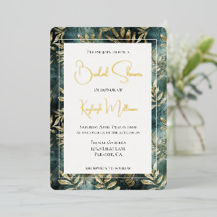 Forest Green Gold Tropical Leaves Bridal Shower Foil Invitation