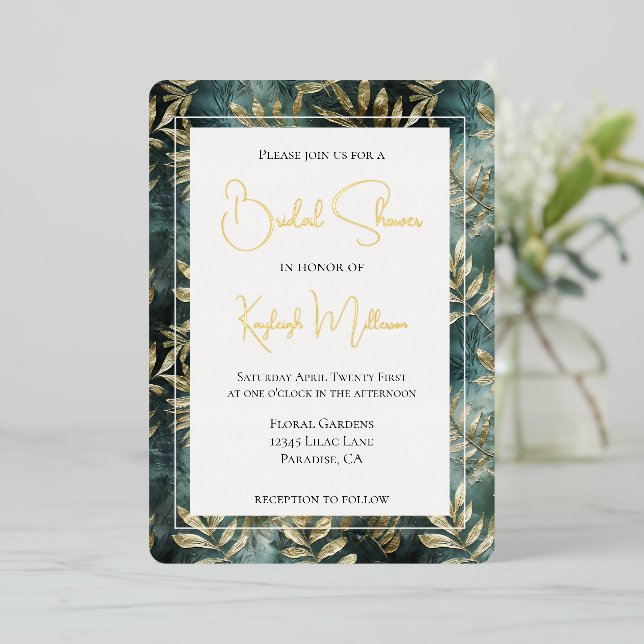 Forest Green Gold Tropical Leaves Bridal Shower Foil Invitation (Standing Front)