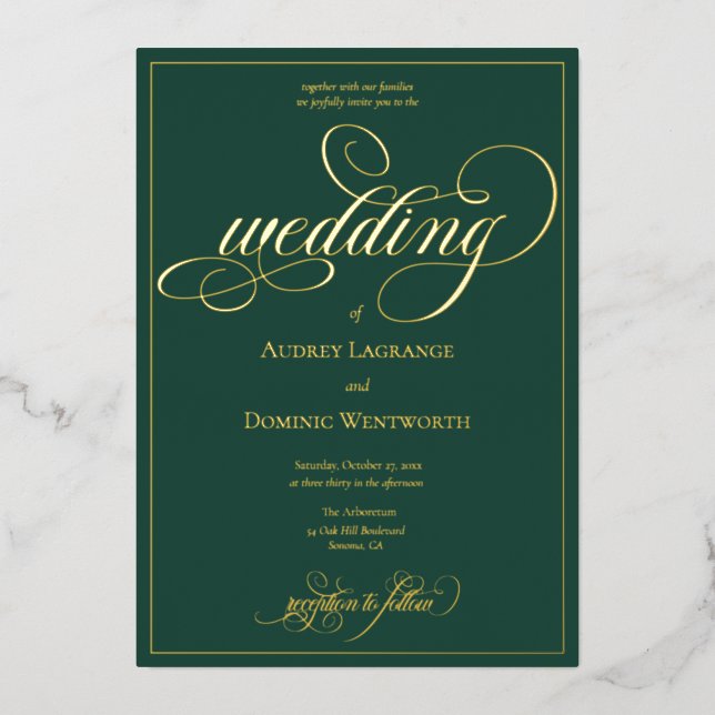 Forest Green Gold Wedding Script Calligraphy Foil Invitation (Front)