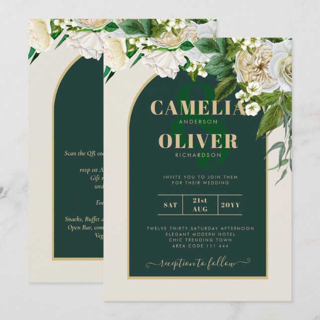 Forest Green Gold White Roses Winter Wedding Invitation (Front/Back)