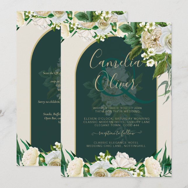Forest Green Gold White Roses Winter Wedding Invitation (Front/Back)