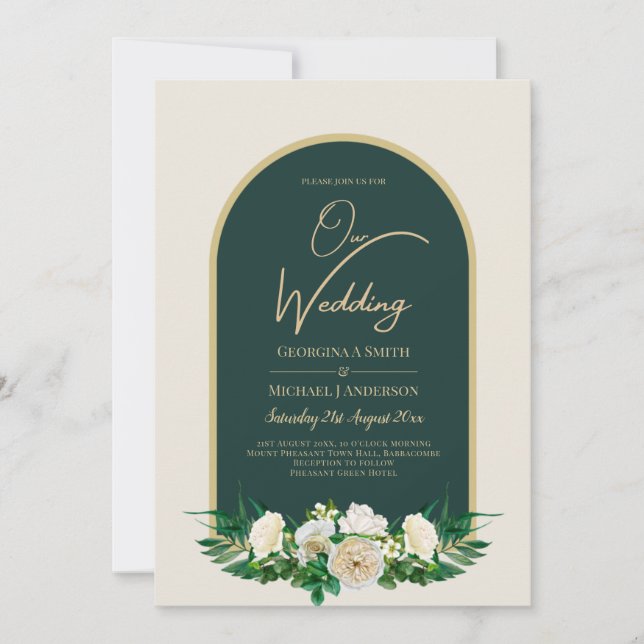 Forest Green Gold White Roses Winter Wedding Invitation (Front)