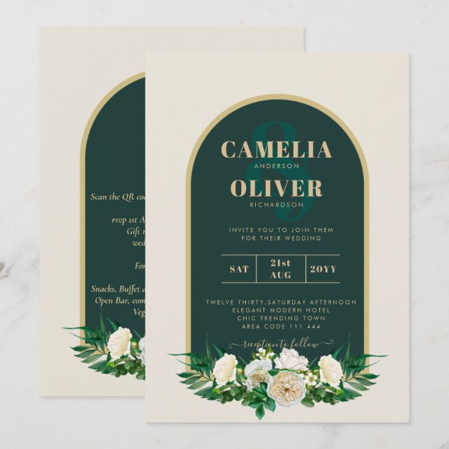 Forest Green Gold White Roses Winter Wedding Invitation (Front/Back)