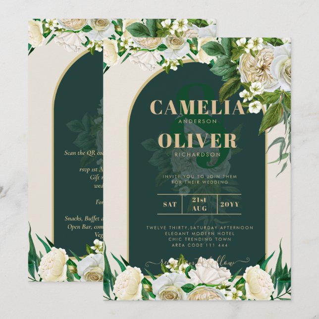 Forest Green Gold White Roses Winter Wedding Invitation (Front/Back)