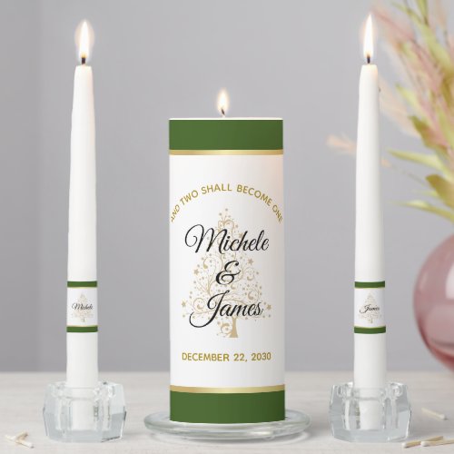 Forest Green Gold Winter Holiday Wedding Ceremony Unity Candle Set
