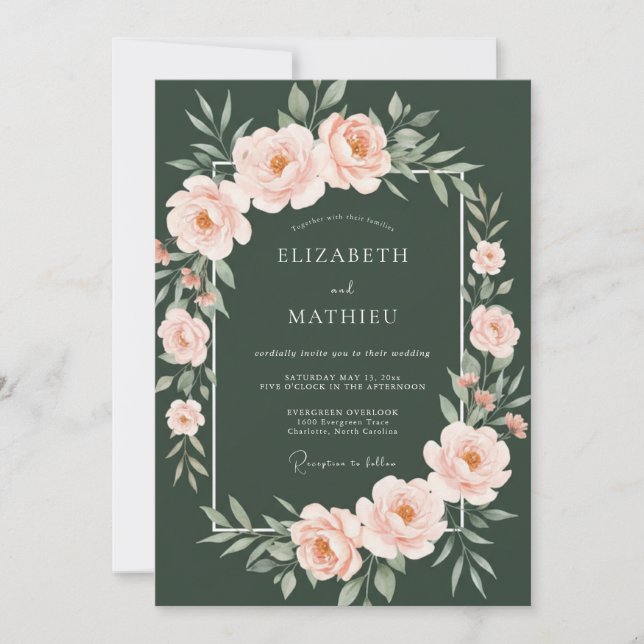 Forest Green Graceful Peony Wedding Invitation (Front)