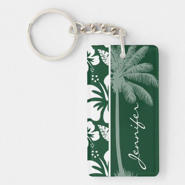 Forest Green Hawaiian Tropical Hibiscus; Palm Keychain (Front)