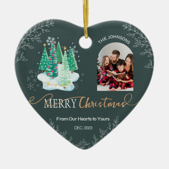 Forest Green Heart Shape Family Photo Ornament (Front)