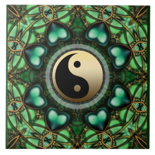 Forest Green Hearts Gold Yin Yang Ceramic Tile