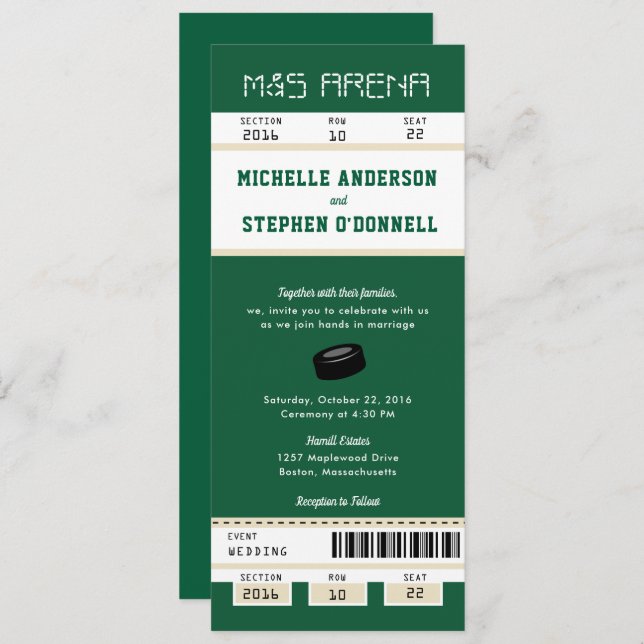 Forest Green Hockey Ticket Wedding Invitation (Front/Back)