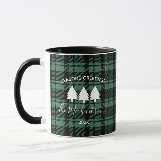 Forest Green Holiday Plaid Monogram Name Coffee Mug (Left)