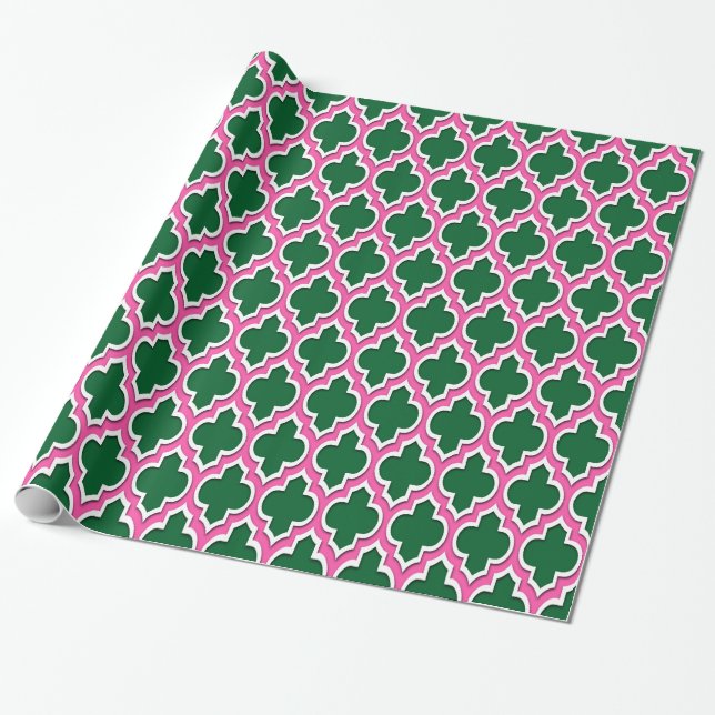 Forest Green Hot Pink White Moroccan #4DS Wrapping Paper (Unrolled)