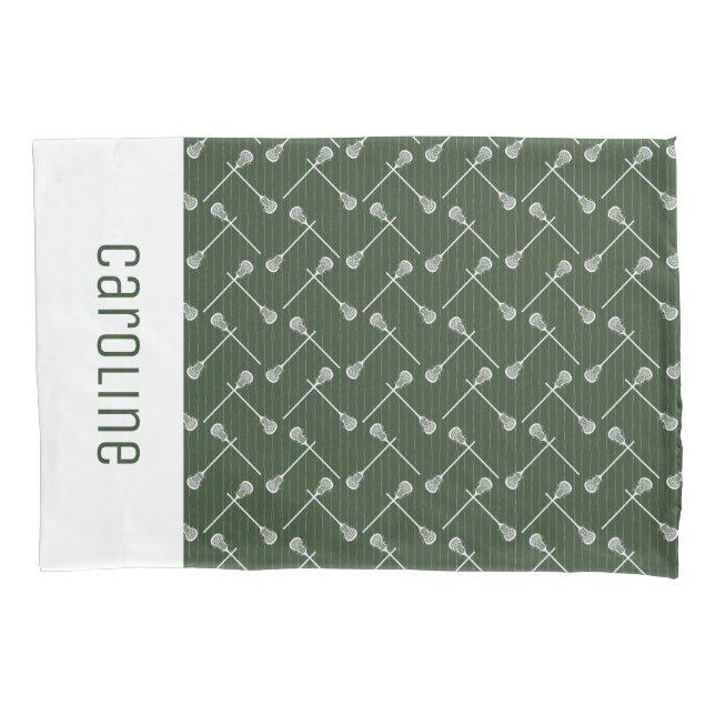 Forest Green Lacrosse White Sticks Patterned Pillow Case (Front)