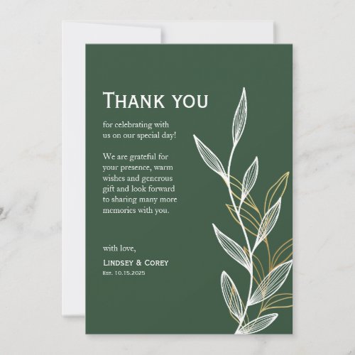 Forest Green Leaf Thank You Card for Wedding