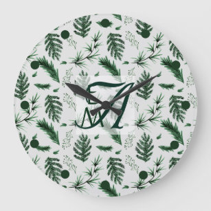 Forest Green Leaves 3 Monogram Newlyweds Decor Large Clock