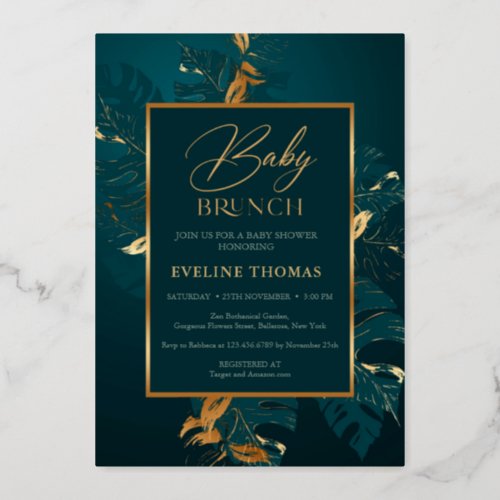 Forest green leaves and real gold foil baby brunch foil invitation