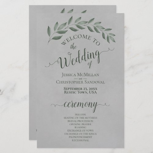 Forest Green Leaves on Gray Budget Wedding Program