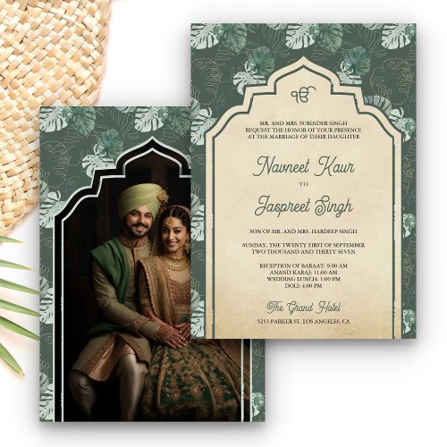 Forest Green Leaves Photo Anand Karaj Sikh Wedding Invitation