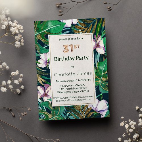 Forest Green Lilac Gold Tropical Floral Birthday Invitation Postcard