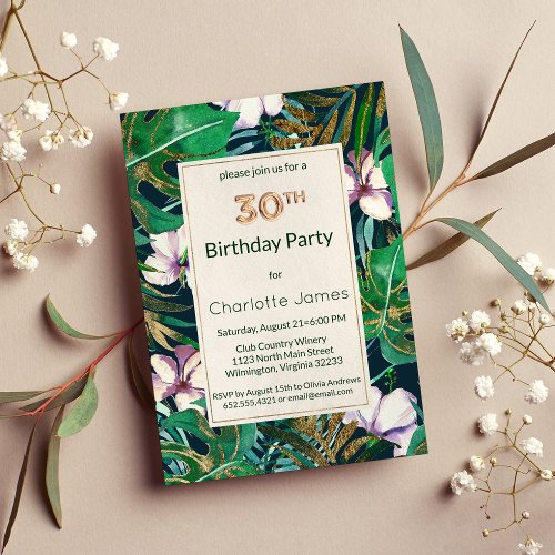 Forest Green Lilac Gold Tropical Floral Birthday Invitation Postcard