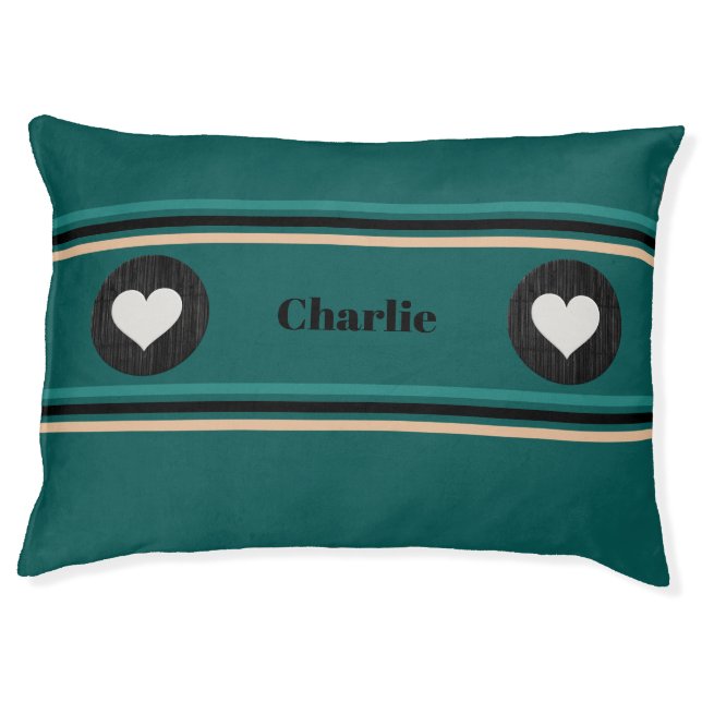 Forest Green Masculine Dog Bed with Hearts (Front)